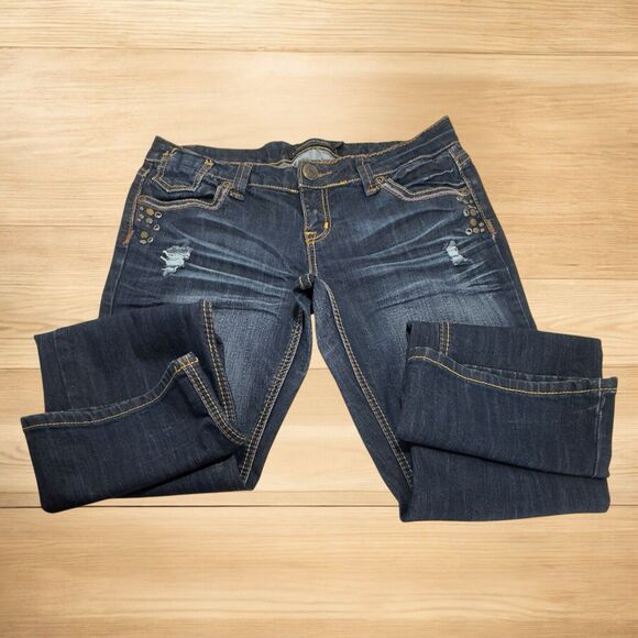 Slim Boot Low Rise Jeans Dark Wash Women 11/12R Thick Stitch Studs Whiskers Fade - Picture 3 of 16